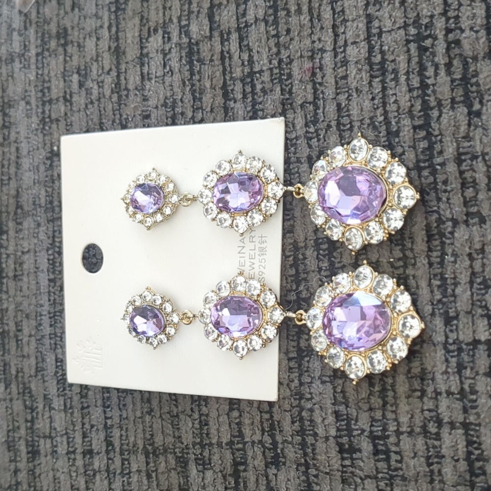 Purple Rhinestone 3 Tier  Drop Earrings